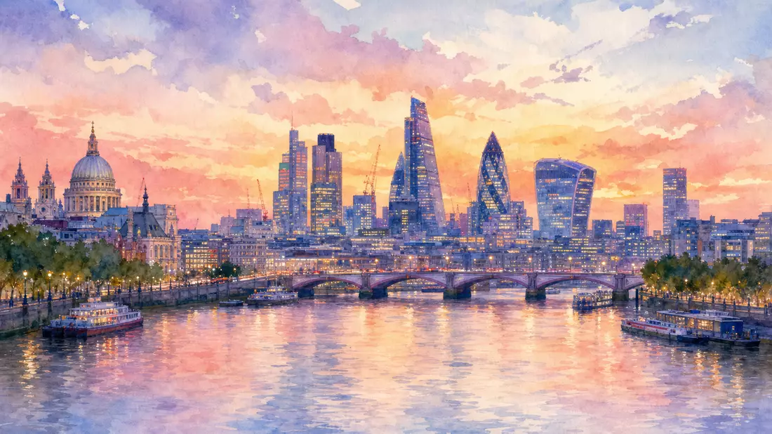 Aquarellbild der Londoner Skyline mit Themse bei Sonnenuntergang