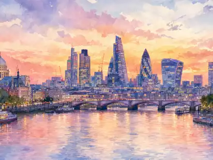 Aquarellmalerei der Londoner Skyline symbolisiert Standort von Beazley plc (GB00BY9D0Y18) im britischen Versicherungsmarkt - Foto: THN