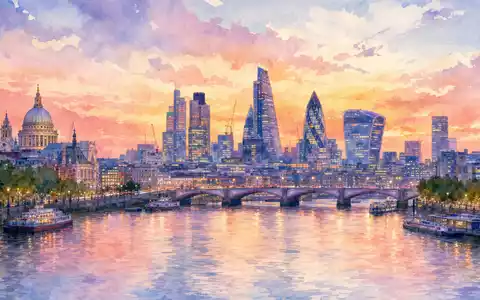 Aquarellmalerei der Londoner Skyline symbolisiert Standort von Beazley plc (GB00BY9D0Y18) im britischen Versicherungsmarkt - Foto: THN