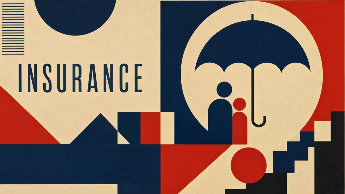 Geometrisches Bauhaus-Poster mit Schriftzug Insurance in Blau und Rot