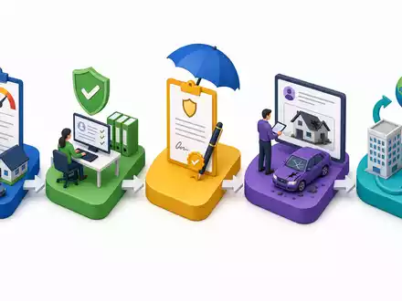 Isometrisches 3D-Diagramm der Wertschöpfungskette veranschaulicht Underwriting-Prozess von Beazley plc (GB00BY9D0Y18) im Versicherungsgeschäft - Foto: THN