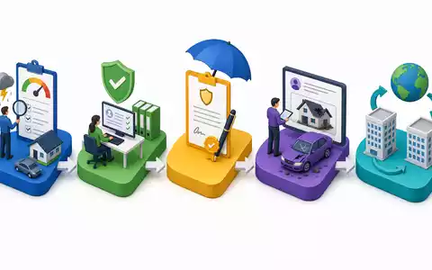 Isometrisches 3D-Diagramm der Wertschöpfungskette veranschaulicht Underwriting-Prozess von Beazley plc (GB00BY9D0Y18) im Versicherungsgeschäft - Foto: THN