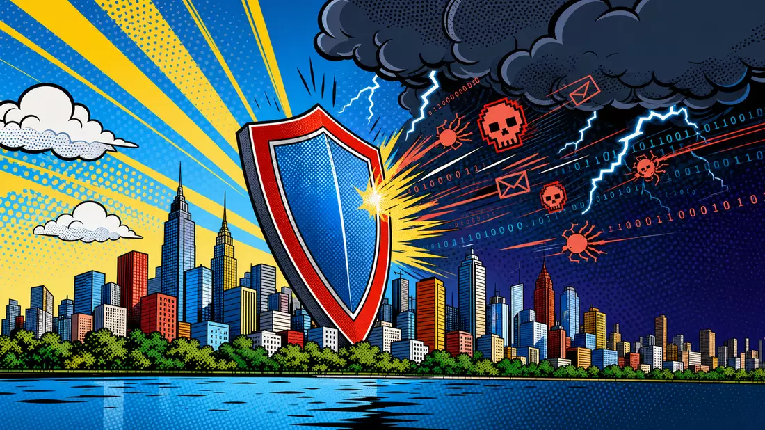 Pop-Art-Comic-Illustration eines Schutzschilds vor Stadtskyline und Gewitter