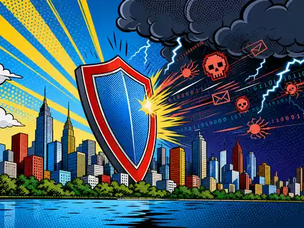Pop-Art-Comic mit Schutzschild und Skyline symbolisiert Risikoschutz von Beazley plc (GB00BY9D0Y18) gegen Cyber- und Wetterrisiken - Foto: THN