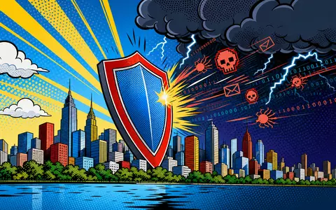 Pop-Art-Comic mit Schutzschild und Skyline symbolisiert Risikoschutz von Beazley plc (GB00BY9D0Y18) gegen Cyber- und Wetterrisiken - Foto: THN
