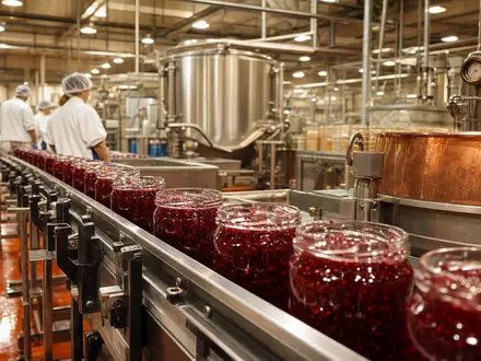 Fotorealistische Fabrikszene mit Marmeladengläsern zeigt die Nahrungsmittelproduktion von Smucker (J.M.) Co., ISIN US8326964058, Konsumgüterbranche - Foto: THN