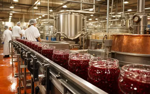 Fotorealistische Fabrikszene mit Marmeladengläsern zeigt die Nahrungsmittelproduktion von Smucker (J.M.) Co., ISIN US8326964058, Konsumgüterbranche - Foto: THN