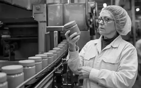 Schwarzweiße dokumentarische Reportage zeigt Qualitätskontrolle bei Smucker (J.M.) Co., ISIN US8326964058, im Nahrungsmittelsektor tätig - Foto: THN