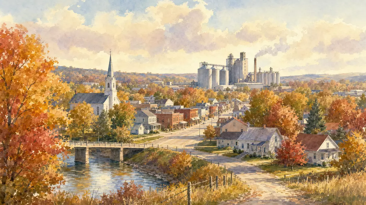 Aquarellbild einer Kleinstadt mit Fabrikanlage und herbstlichen Bäumen am Fluss