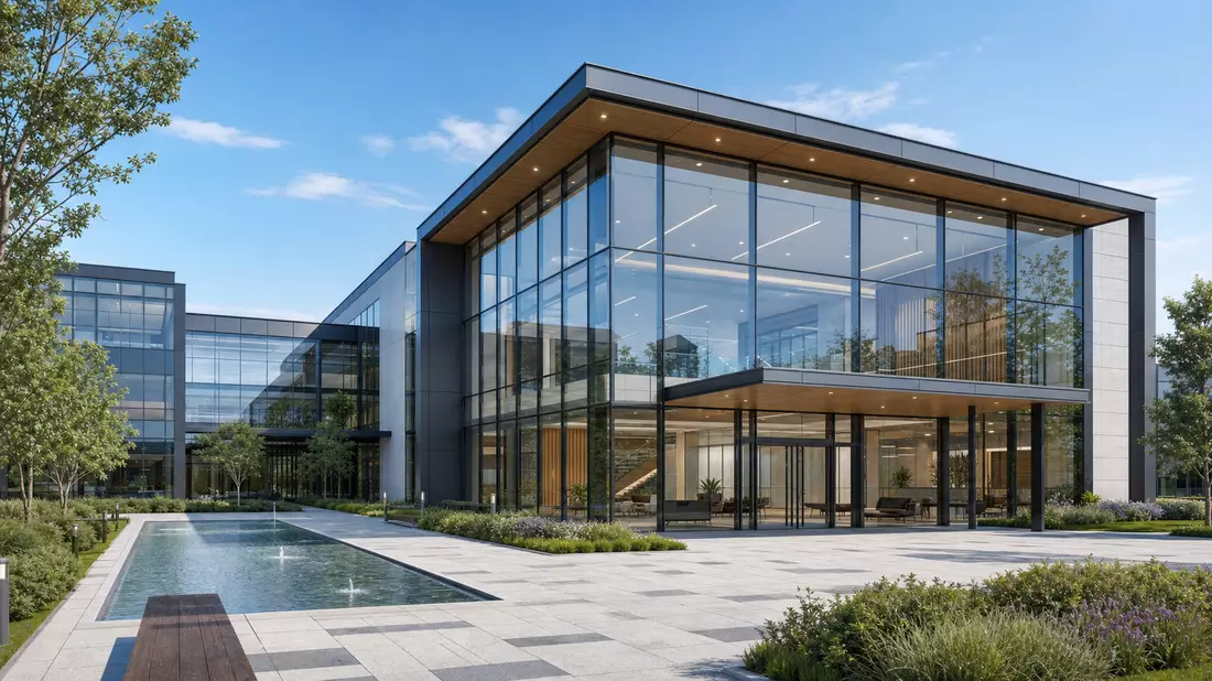 3D-Render einer modernen Bürozentrale mit Glasfassade und Wasserbecken