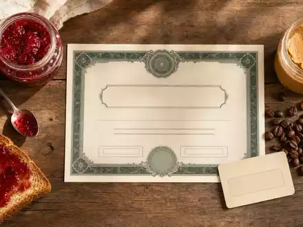Flatlay-Arrangement mit Aktienzertifikat und Frühstücksprodukten illustriert die Investment-Story von Smucker (J.M.) Co., ISIN US8326964058, anschaulich - Foto: THN