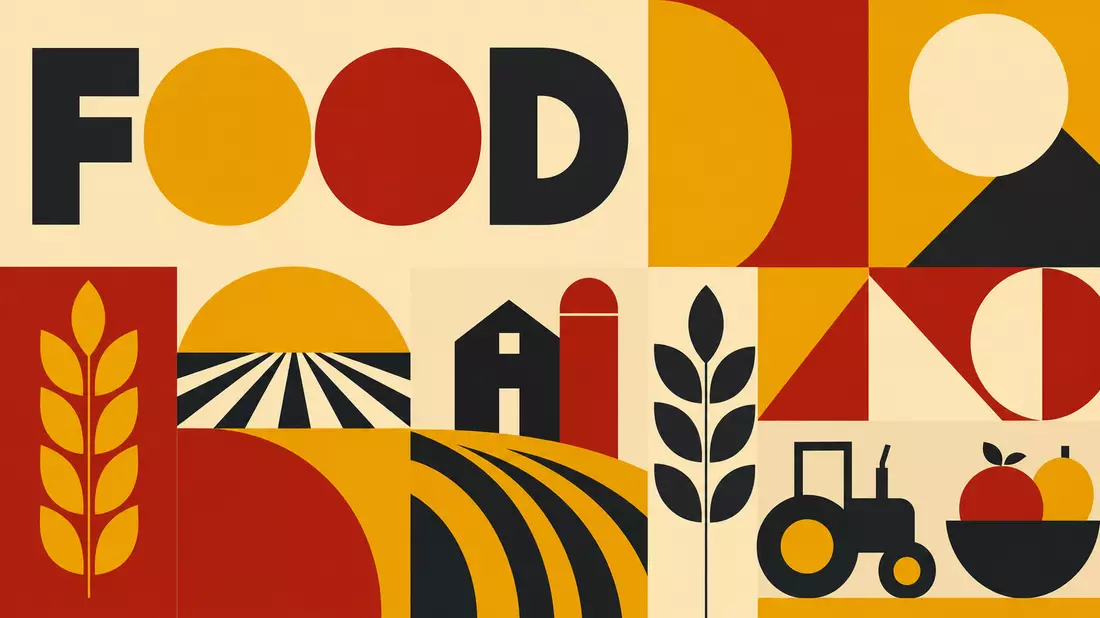 Geometrisches Poster mit Formen, Landwirtschaftsmotiven und dem Wort FOOD