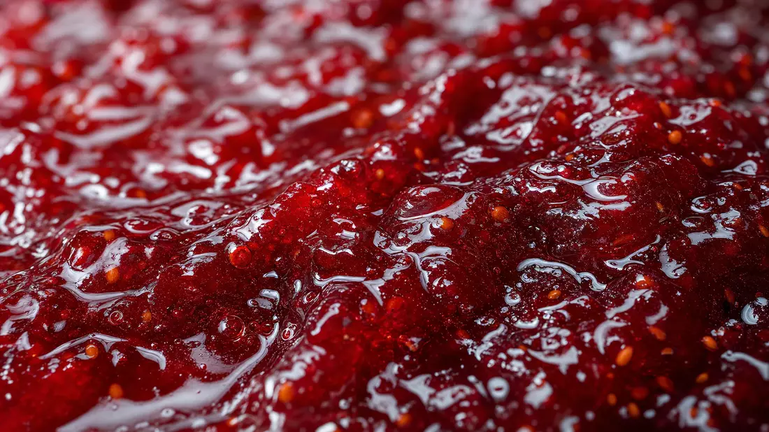 Extreme Nahaufnahme von glänzender roter Marmelade mit sichtbaren Fruchtkernen