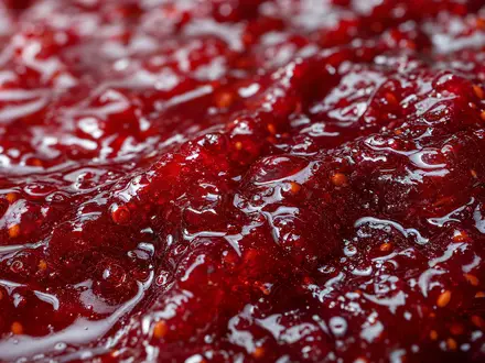 Makroaufnahme glänzender Beerenmarmelade veranschaulicht das Kernprodukt-Segment von Smucker (J.M.) Co., ISIN US8326964058, im Detail - Foto: THN