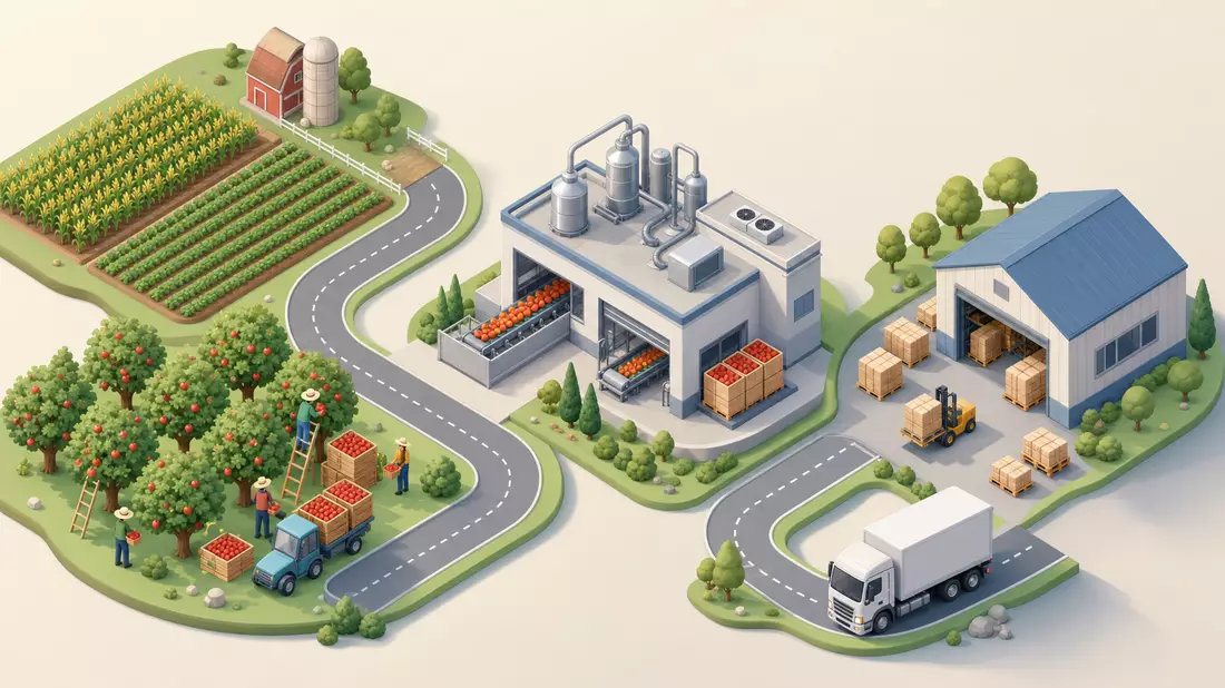 Isometrische Darstellung von Farm, Fabrik, Lager und Lieferwagen in der Lebensmittelkette