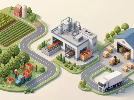 Isometrische 3D-Grafik der Wertschöpfungskette zeigt Produktionsschritte von Smucker (J.M.) Co., ISIN US8326964058 - Foto: THN