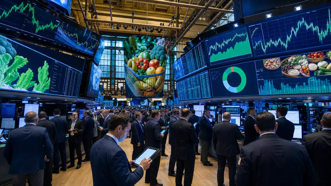 Trading-Floor mit Händlern und großen Bildschirmen mit abstrakten Börsencharts