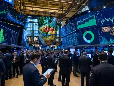 Börsen-Editorial-Aufnahme vom Trading-Floor mit Konsumgüter-Charts veranschaulicht die Marktnotierung von Smucker (J.M.) Co., ISIN US8326964058 - Foto: THN