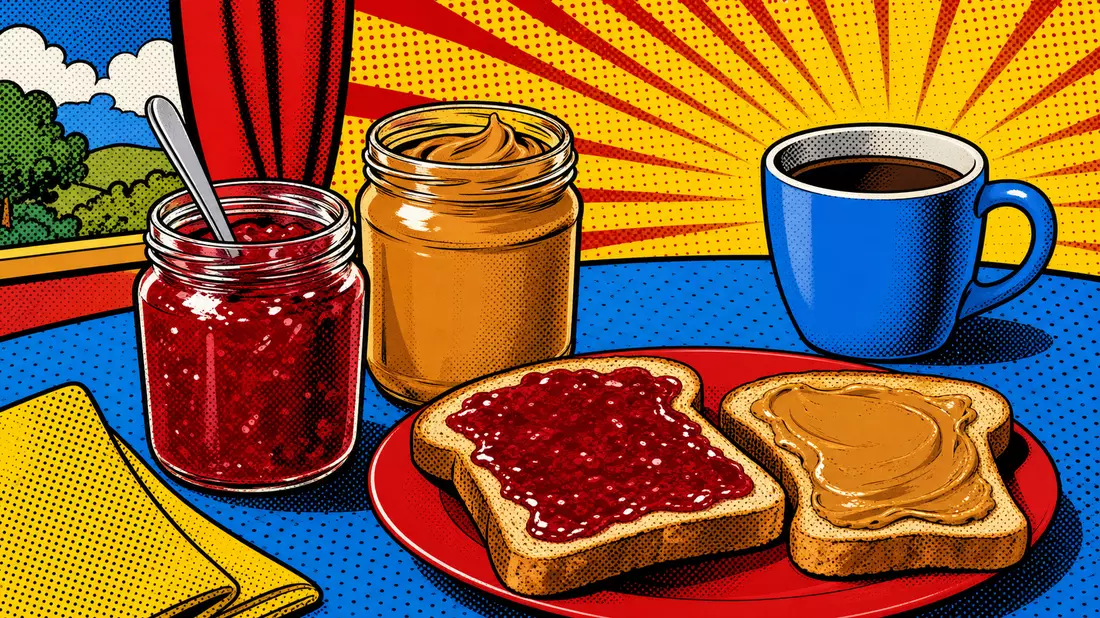 Comicstil-Frühstückstisch mit Marmelade, Erdnussbutter, Kaffee und Toast in Popfarben