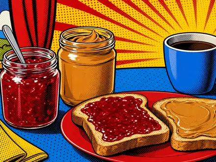 Farbenfrohe Pop-Art-Comic-Illustration einer Frühstücksszene repräsentiert kreativ die Konsumgüterwelt von Smucker (J.M.) Co., ISIN US8326964058 - Foto: THN