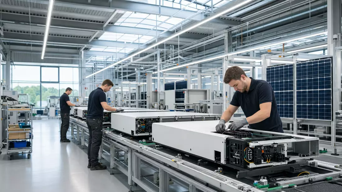 Fabrikhalle mit Arbeitern an Wechselrichter-Fertigungslinie und Solarmodulen im Hintergrund