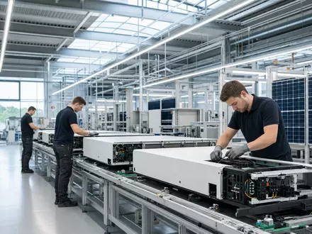 SMA Solar Technology DE000A0DJ6J9 zeigt eine moderne Fabrikhalle mit Wechselrichter-Fertigung und Solarmodulen - Foto: THN