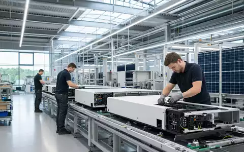 SMA Solar Technology DE000A0DJ6J9 zeigt eine moderne Fabrikhalle mit Wechselrichter-Fertigung und Solarmodulen - Foto: THN