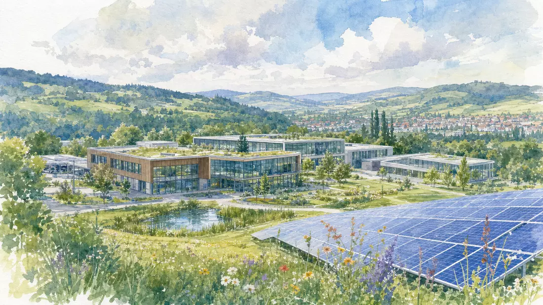 Aquarellmalerei eines Firmensitzes mit Solarpanelen, Grünflächen und sanften Hügeln