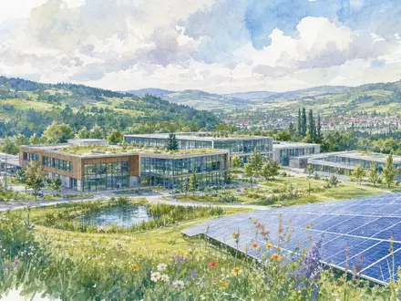 SMA Solar Technology DE000A0DJ6J9 präsentiert den Firmenstandort in Aquarell-Optik mit Solarfeldern und Hügeln - Foto: THN