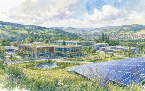 SMA Solar Technology DE000A0DJ6J9 präsentiert den Firmenstandort in Aquarell-Optik mit Solarfeldern und Hügeln - Foto: THN