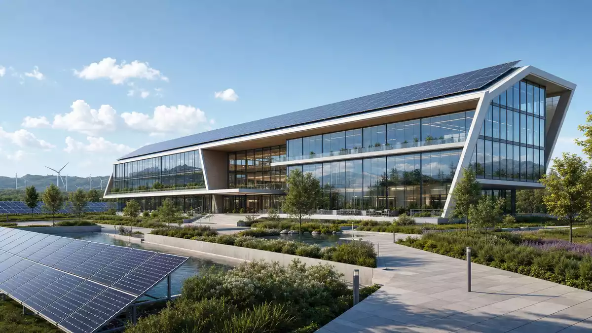 3D-Architekturrender eines modernen Bürogebäudes mit Solarpanel-Dach und Glasfassade