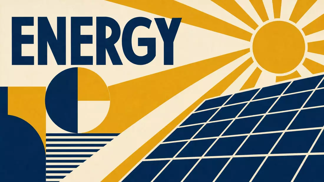 Bauhaus-Poster mit geometrischer Sonne, Solarpanel-Muster und dem Wort ENERGY