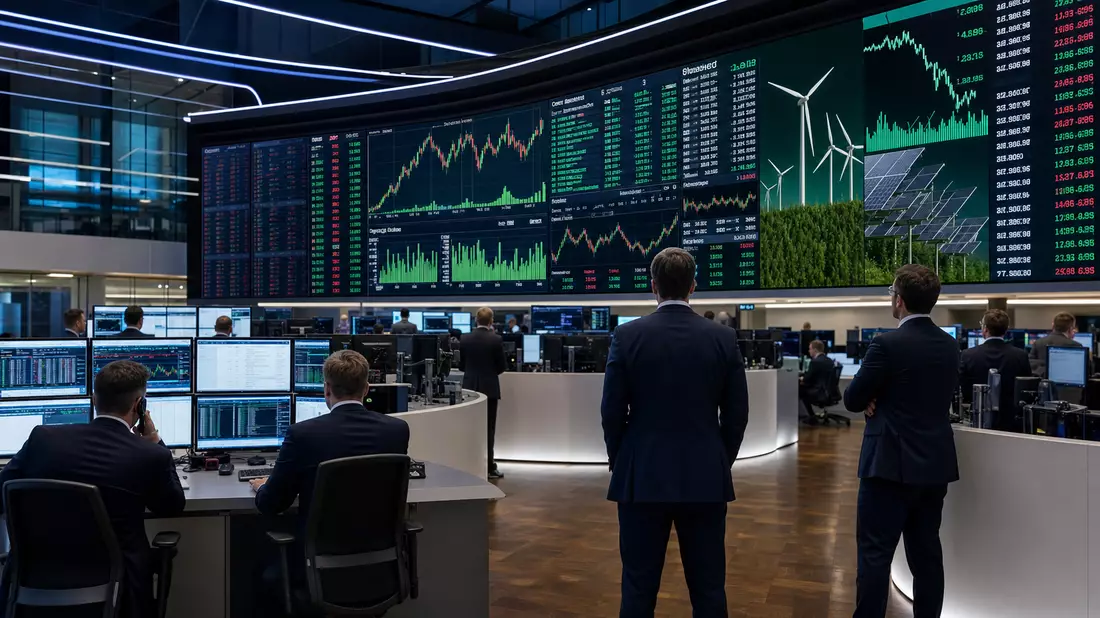 Editorial-Foto eines Börsenhandelsraums mit Kurstafeln zu erneuerbaren Energien