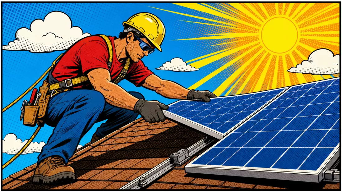 Pop-Art-Comic eines Monteurs, der Solarpanele unter strahlender Sonne installiert