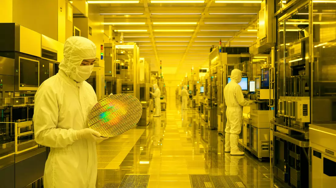 Reinraum-Fertigung mit Technikern, die Siliziumwafer unter gelbem Licht prüfen
