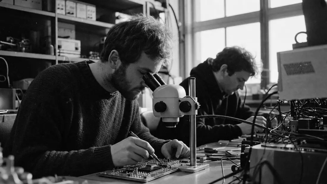 Ingenieure untersuchen Platine mit Mikroskop in dokumentarischem Schwarzweiß-Stil