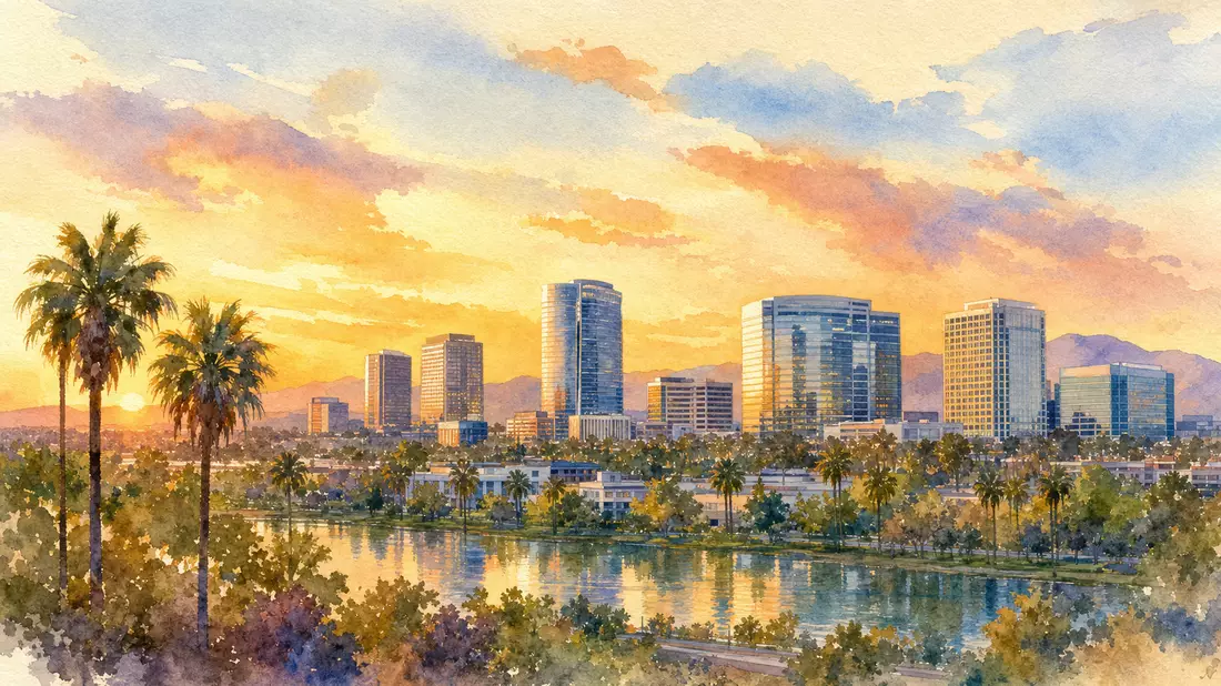 Aquarell der Skyline von Irvine mit Palmen und Bürotürmen bei Sonnenuntergang