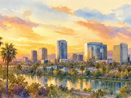 Aquarellmalerei der Skyline von Irvine symbolisiert den Hauptsitz von Skyworks Solutions mit ISIN US83088M1027 - Foto: THN