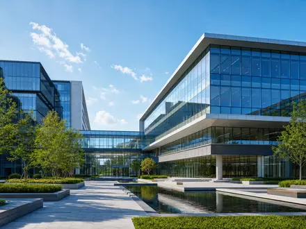 Architektur-Render eines modernen Glas-Firmencampus repräsentiert bildlich Skyworks Solutions mit der ISIN US83088M1027 als Halbleiterunternehmen - Foto: THN