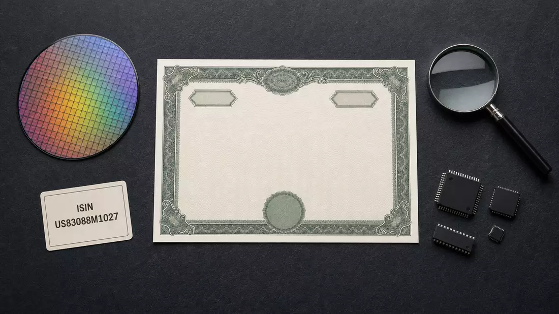 Flatlay mit Aktienzertifikat, ISIN-Karte, Siliziumwafer und elektronischen Chips