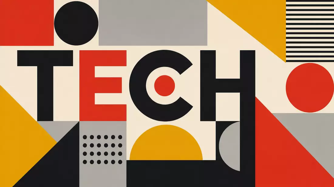 Bauhaus-Poster mit geometrischen Formen und dem Schriftzug TECH in kräftigen Farben