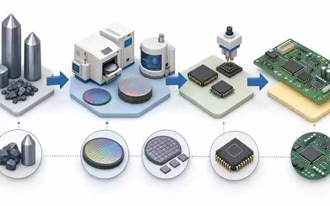 Isometrische 3D-Grafik der Halbleiter-Wertschöpfungskette illustriert die Prozesse rund um Skyworks Solutions mit der ISIN US83088M1027 - Foto: THN