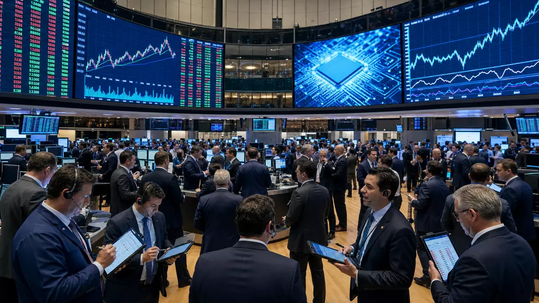 Trading-Floor mit großen Bildschirmen und Halbleiter-Kursdiagrammen sowie Händlern