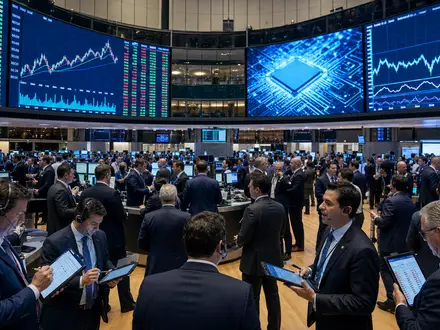 Börsen-Editorial-Foto vom Trading-Floor mit Halbleiter-Charts symbolisiert den Handel von Skyworks Solutions mit ISIN US83088M1027 - Foto: THN