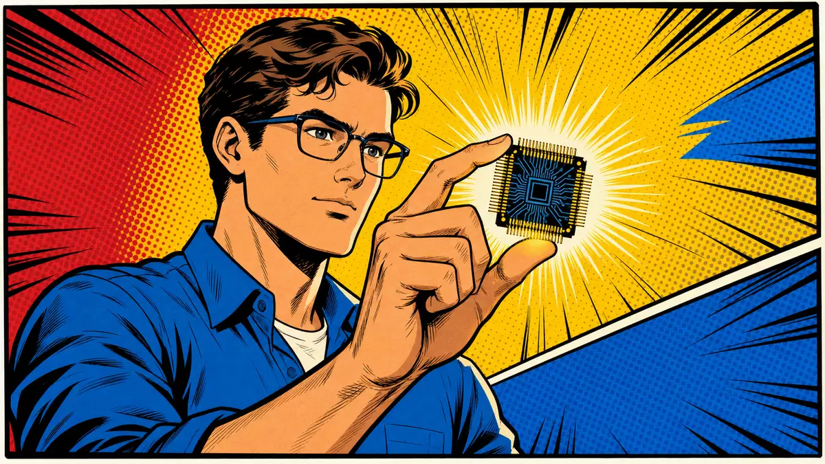 Bunte Comic-Illustration eines Ingenieurs, der einen leuchtenden Mikrochip hält