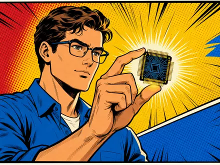 Pop-Art-Comic-Illustration eines Ingenieurs mit leuchtendem Mikrochip greift das Thema Skyworks Solutions und ISIN US83088M1027 auf - Foto: THN