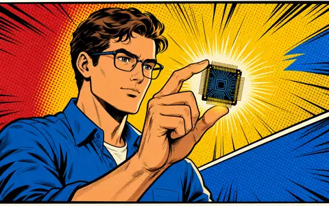 Pop-Art-Comic-Illustration eines Ingenieurs mit leuchtendem Mikrochip greift das Thema Skyworks Solutions und ISIN US83088M1027 auf - Foto: THN
