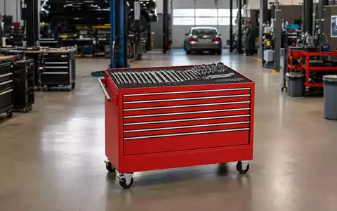 Fotorealistische Werkstatt zeigt roten Werkzeugwagen, Snap-on Inc. steht symbolisch für ISIN US8330341012 Werkzeugbranche - Foto: THN