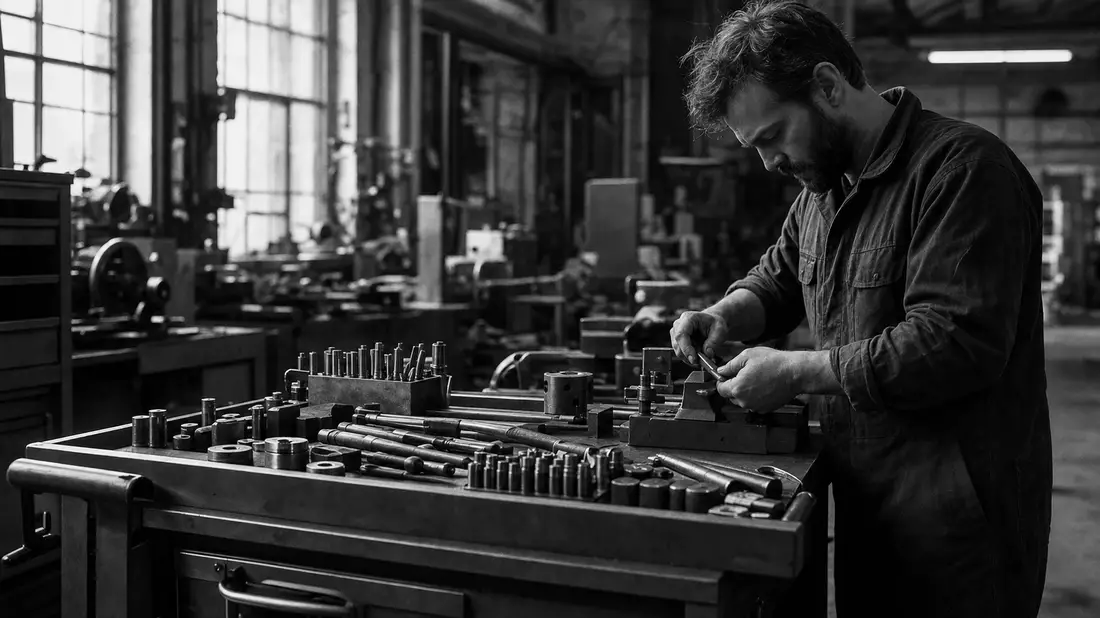 Schwarzweiß-Reportagefoto eines Mechanikers bei Präzisionsarbeit in Werkstatt