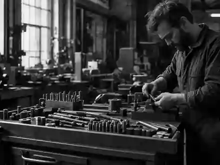 Dokumentarische Schwarzweiß-Aufnahme eines Mechanikers zeigt Snap-on Inc. Aktie ISIN US8330341012 in der Werkzeugfertigungsindustrie - Foto: THN